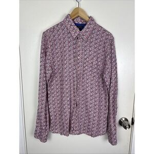 Ondademar Men's Long Sleeve Linen Shirt Size Large All Over Geometric Print Slim